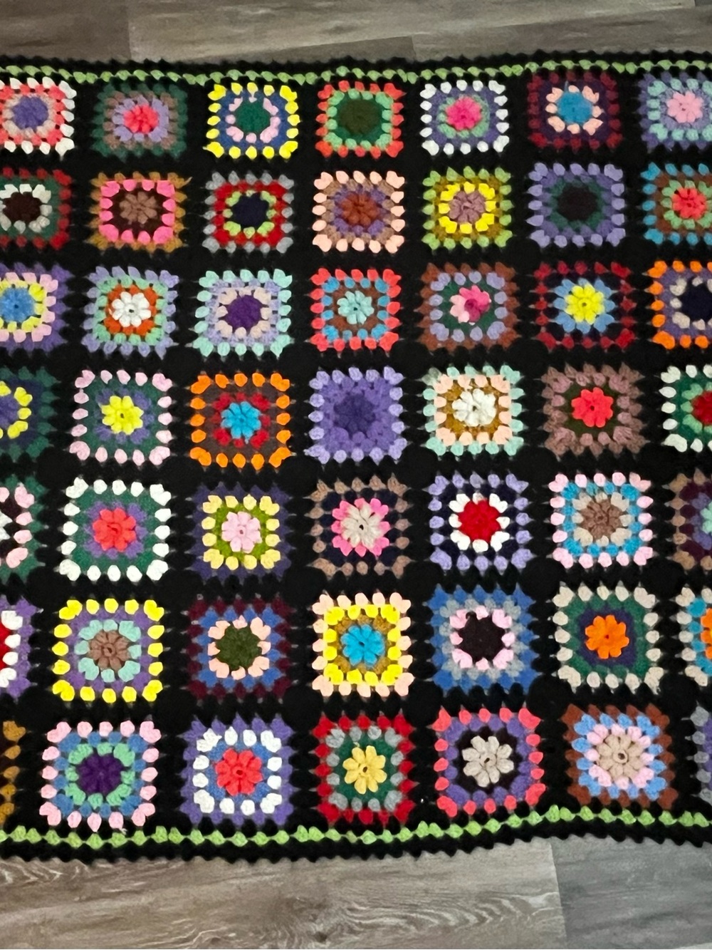Vintage Granny Square Crochet Blanket Afghan Retro Boho Chic Black Multi Color